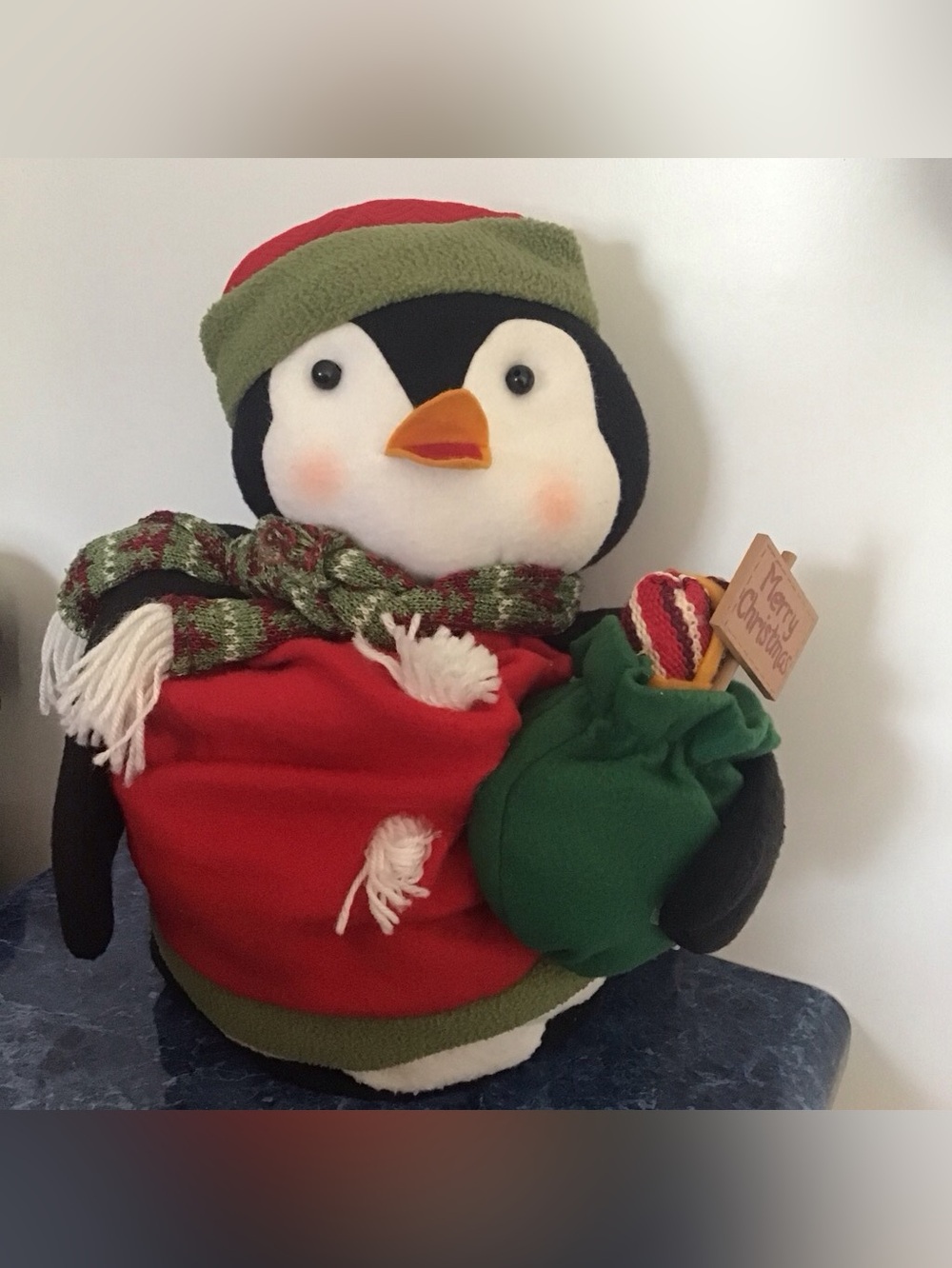 Christmas Penguin Holiday Stuffed Animal Plush Door Greeter Cottage Core Winter